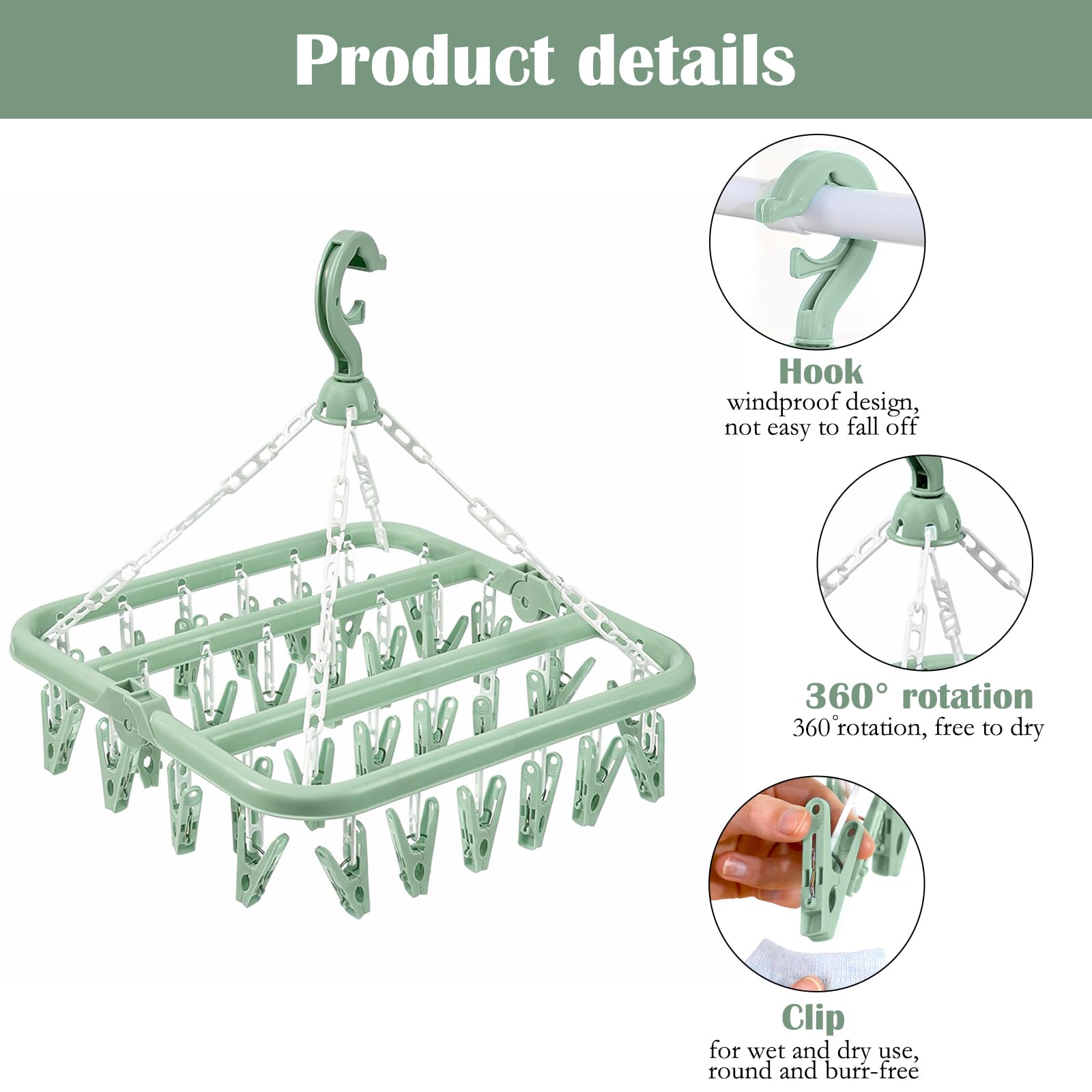 Uscator pentru lenjerie si sosete, Zola®, cu 32 clesti, plastic, 32.5x32.5 cm, verde