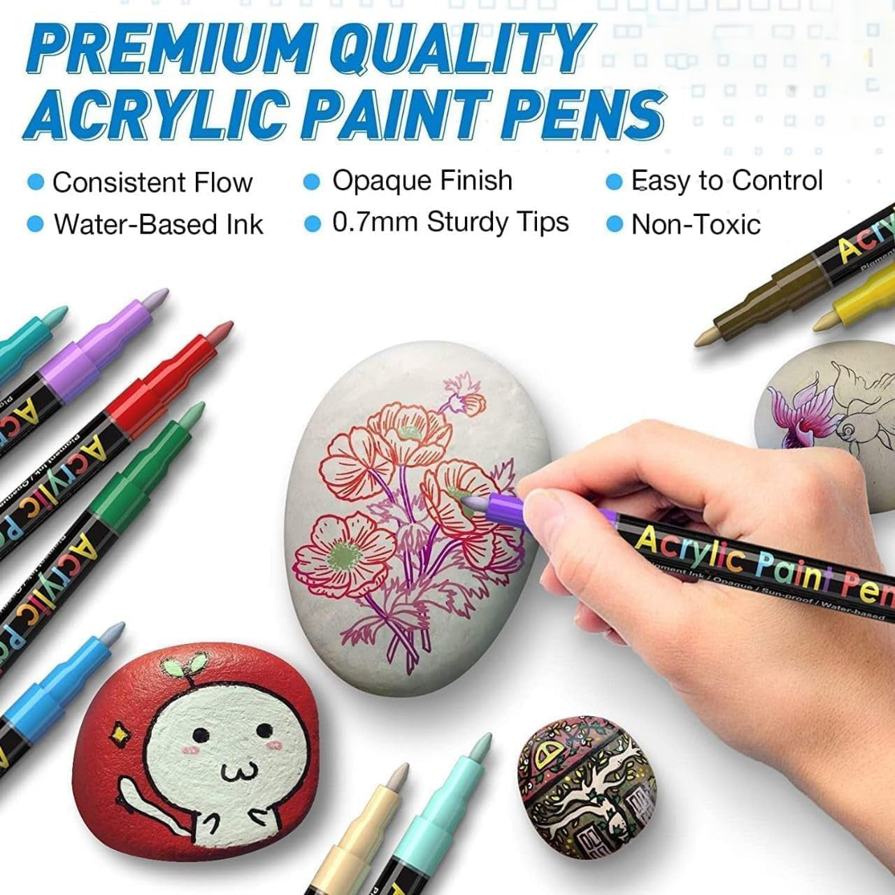 Set 12 de markere cu vopsea acrilica, Zola, varf 4 mm, rezistente la apa, pentru pictura pe hartie, panza, piatra, sticla, lemn, textile si ceramica, uscare rapida, multicolore