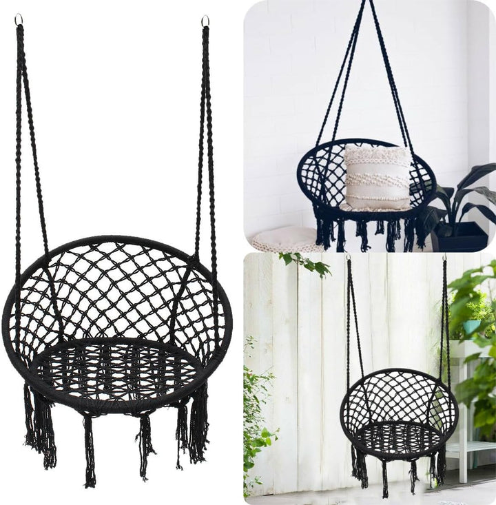Leagan/balansoar suspendat tip scaun, Zola, diametru 80 cm, sarcina maxima 120kg, cadru metalic, pentru casa, gradina si veranda, negru