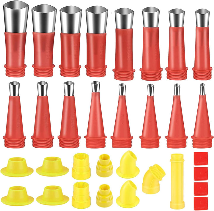 Set 32 accesorii pentru aplicarea si netezirea siliconului, Zola, duze universale diferite marimi, 5-35 mm, reutilizabile, plastic si otel inoxidabil, rosu/galben