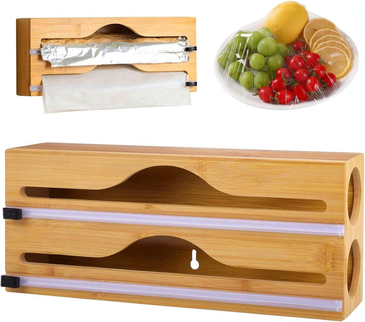 Suport folie alimentara, Zola, 2 spatii, taiere precisa, montare perete sau sertar, din bambus, 33 x 14 x 7 cm, maro