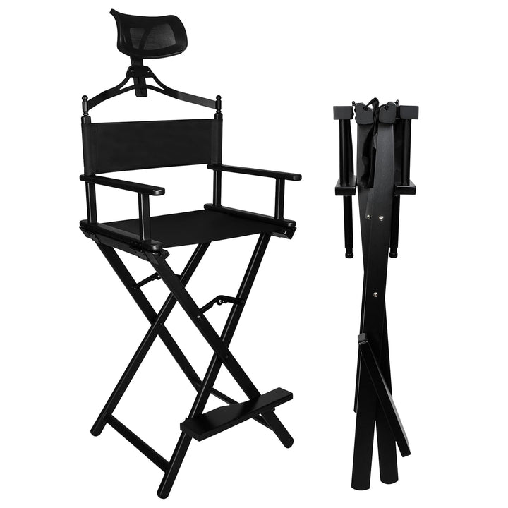 Scaun de machiaj pliabil cu tetiera, Zola, cu suport pentru picioare, greutate suportata 140 kg, cadru aluminiu, tesatura Oxford 600D, 54 x 57 x 148-154 cm, negru