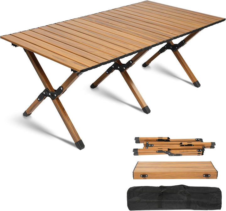 Masa pliabila de camping si drumetii, Zola, 120 x 59 x 45 cm, portabila, cadru din otel, greutate suportata 50 kg, picioare antiderapante, geanta de transport inclusa, maro