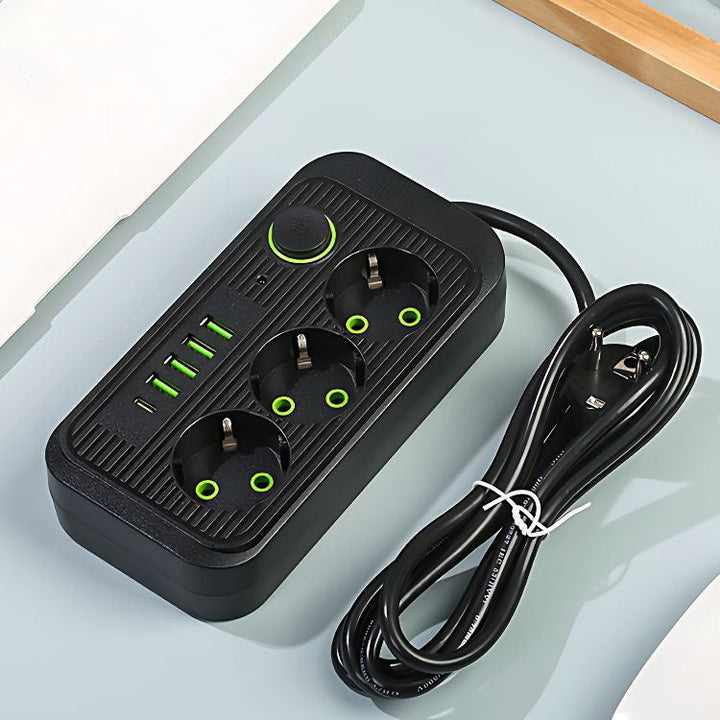 Prelungitor multifunctional cu 3 prize, Zola, 4 porturi USB, 1  port USB Type-C, lungime cablu 2 m, buton on/off, 17.5 x 9 x 3.5 cm, negru