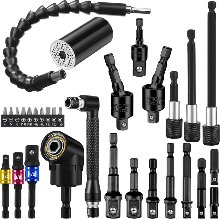 Set 31 accesorii gaurit si insurubat, Zola, extensii flexibile, varfuri universale magnetice, adaptoare unghiulare 105°, varfuri diferite PH/PZ/T/H, otel, negre