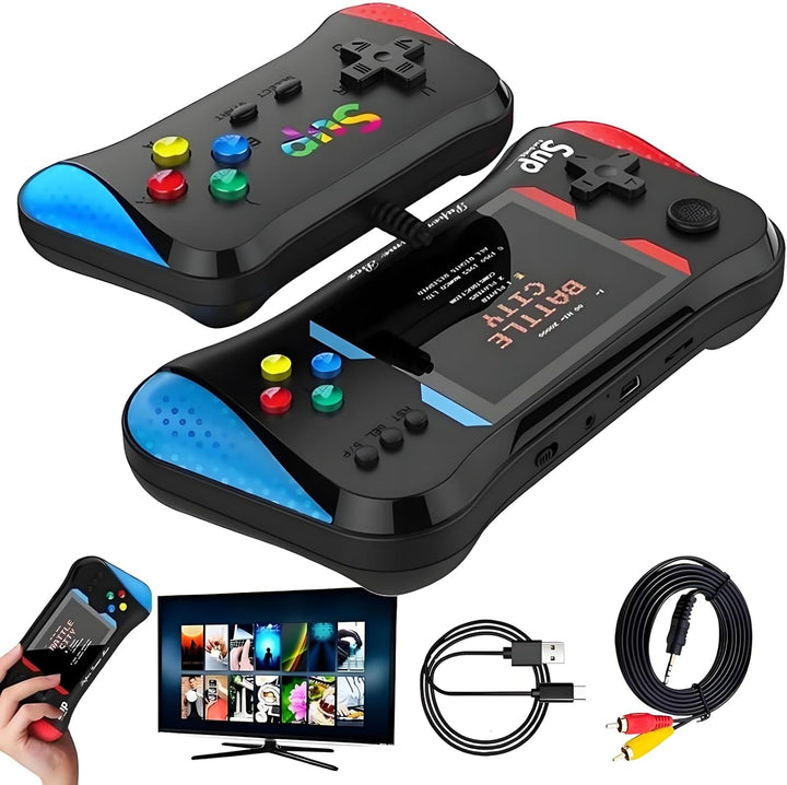 Consola portabila 500 jocuri retro, Zola, ecran 3.5", gamepad cu fir pentru 2 jucatori, volum reglabil, cablu AV, USB, 1200 mAh, 18x9 / 13x7 cm