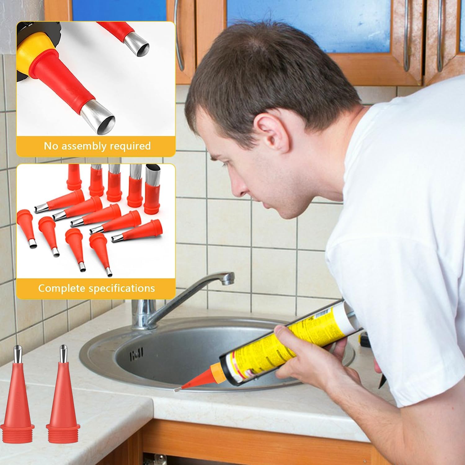 Set 32 accesorii pentru aplicarea si netezirea siliconului, Zola, duze universale diferite marimi, 5-35 mm, reutilizabile, plastic si otel inoxidabil, rosu/galben