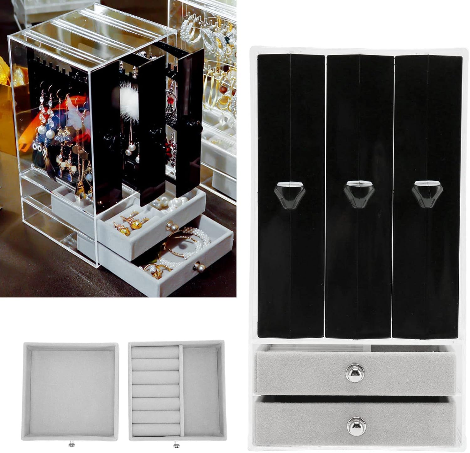 Organizator de bijuterii, Zola®, trei sertare extraabile, plastic, 13x13x24.5 cm, negru/gri