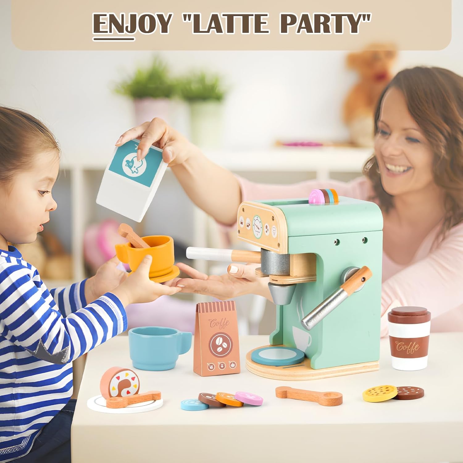 Set de jucarii espressor din lemn, Zola, barista , cesti de cafea, prajiturele, alte accesorii, 12 x 20 x 13.5 cm