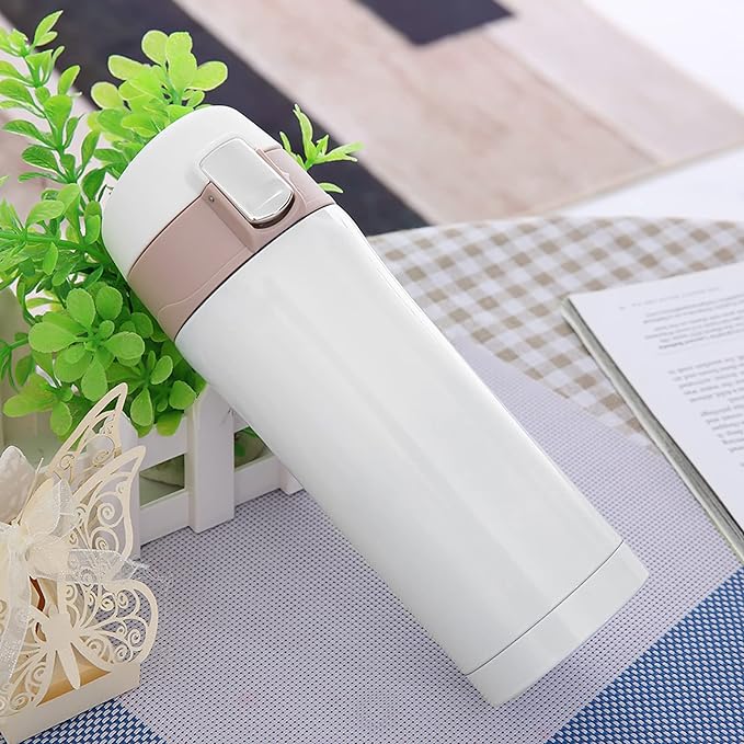 Cana termica, Zola®, 450 ml, termos din otel inoxidabil, maner ergonomic, acoperire anti-alunecare,  24 cm, alba
