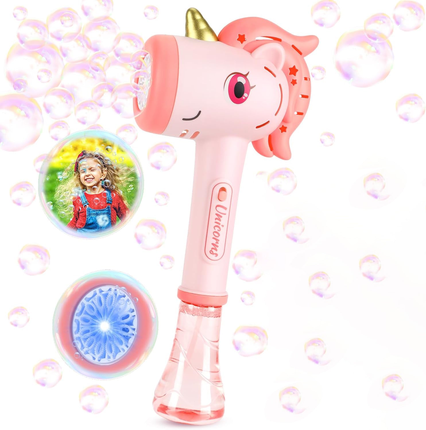 Pistol de facut baloane de sapun, Zola, model unicorn, solutie 100 ml, 32 x 14.5 cm, roz