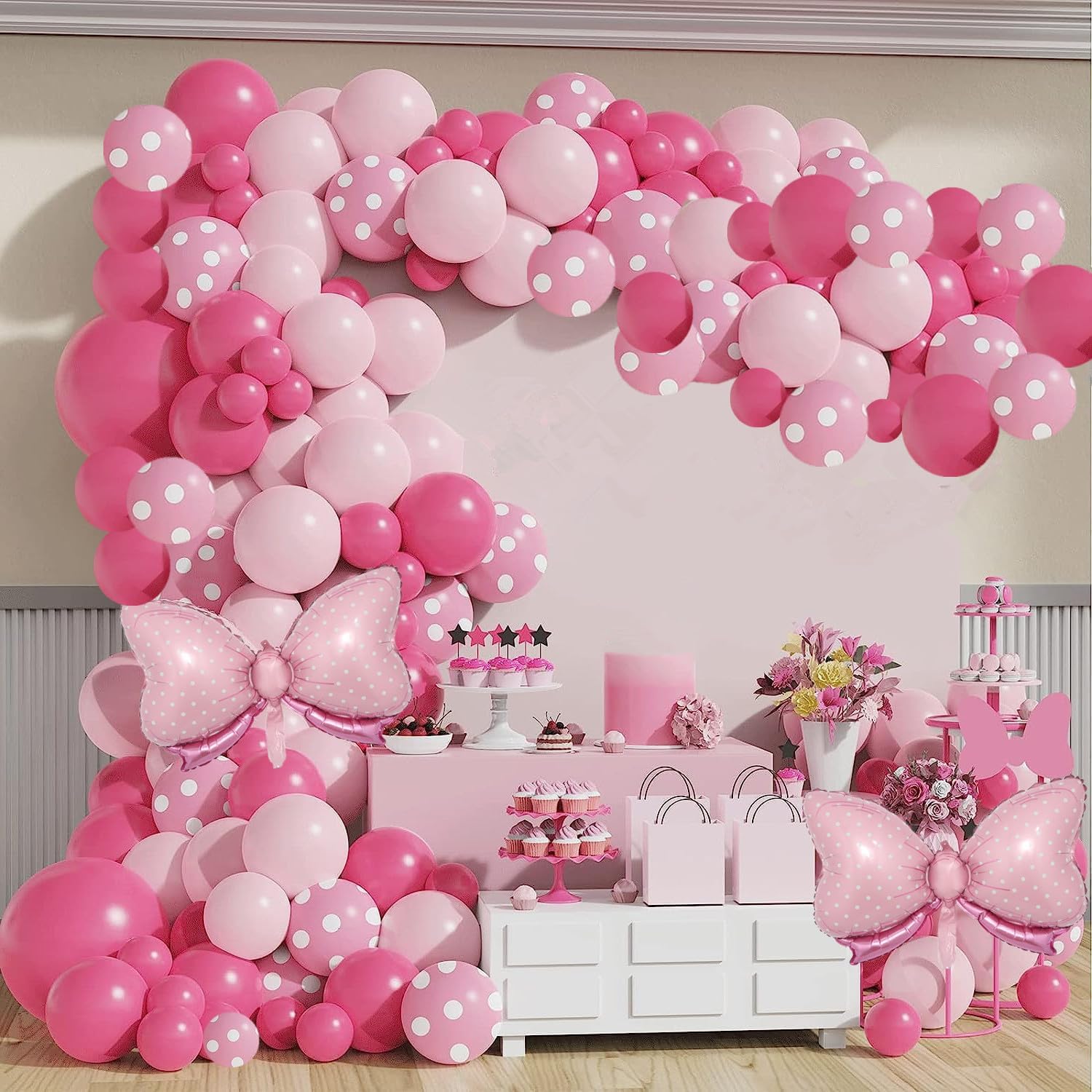 Set 111 baloane pentru arcada, Zola, Minnie Mouse, diferite marimi, 100 buline dublu adezive, 5 m panglica, roz