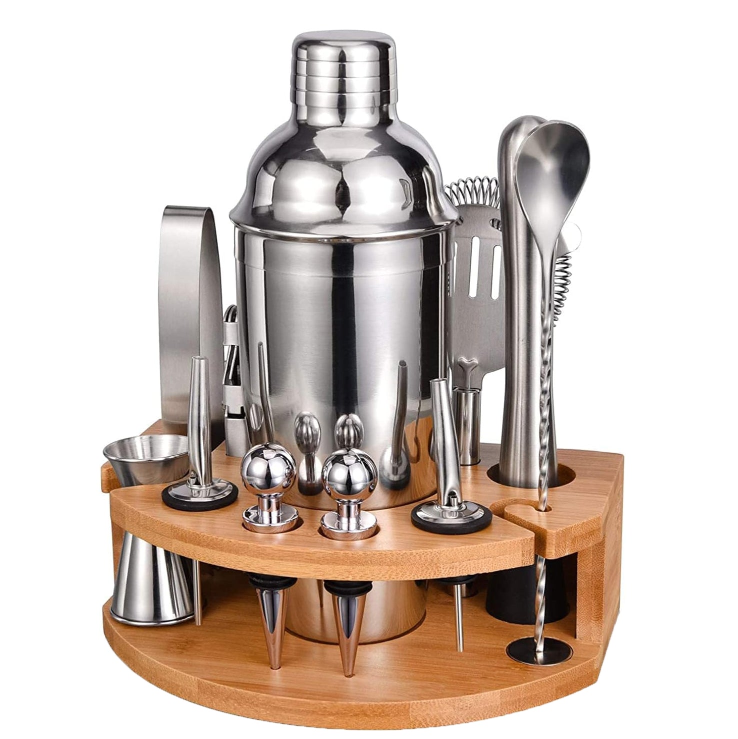 Set barman 12 piese pentru cocktail-uri, Zola, suport bambus, inox, 21 x 13.5 x 7 cm, arginitiu