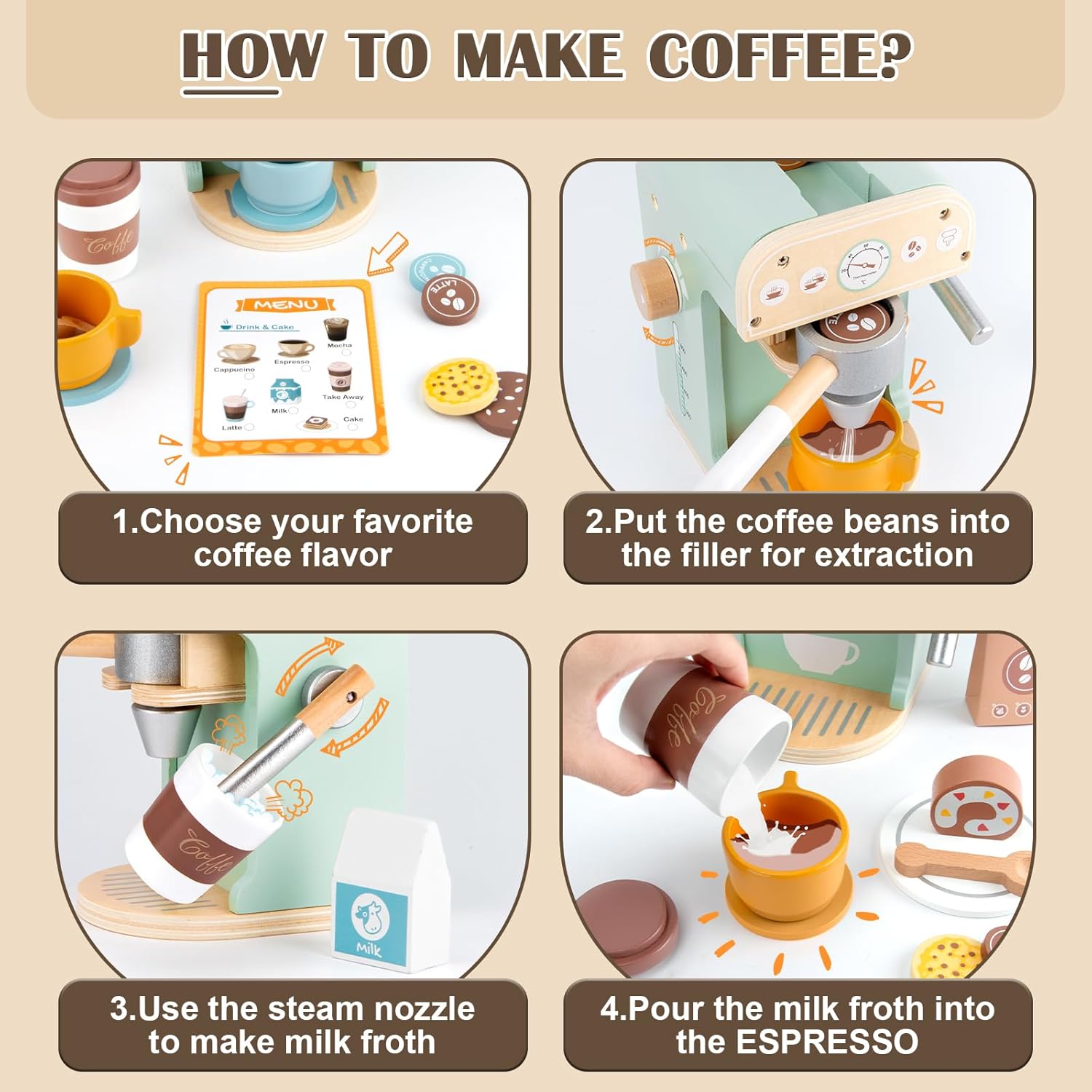 Set de jucarii espressor din lemn, Zola, barista , cesti de cafea, prajiturele, alte accesorii, 12 x 20 x 13.5 cm