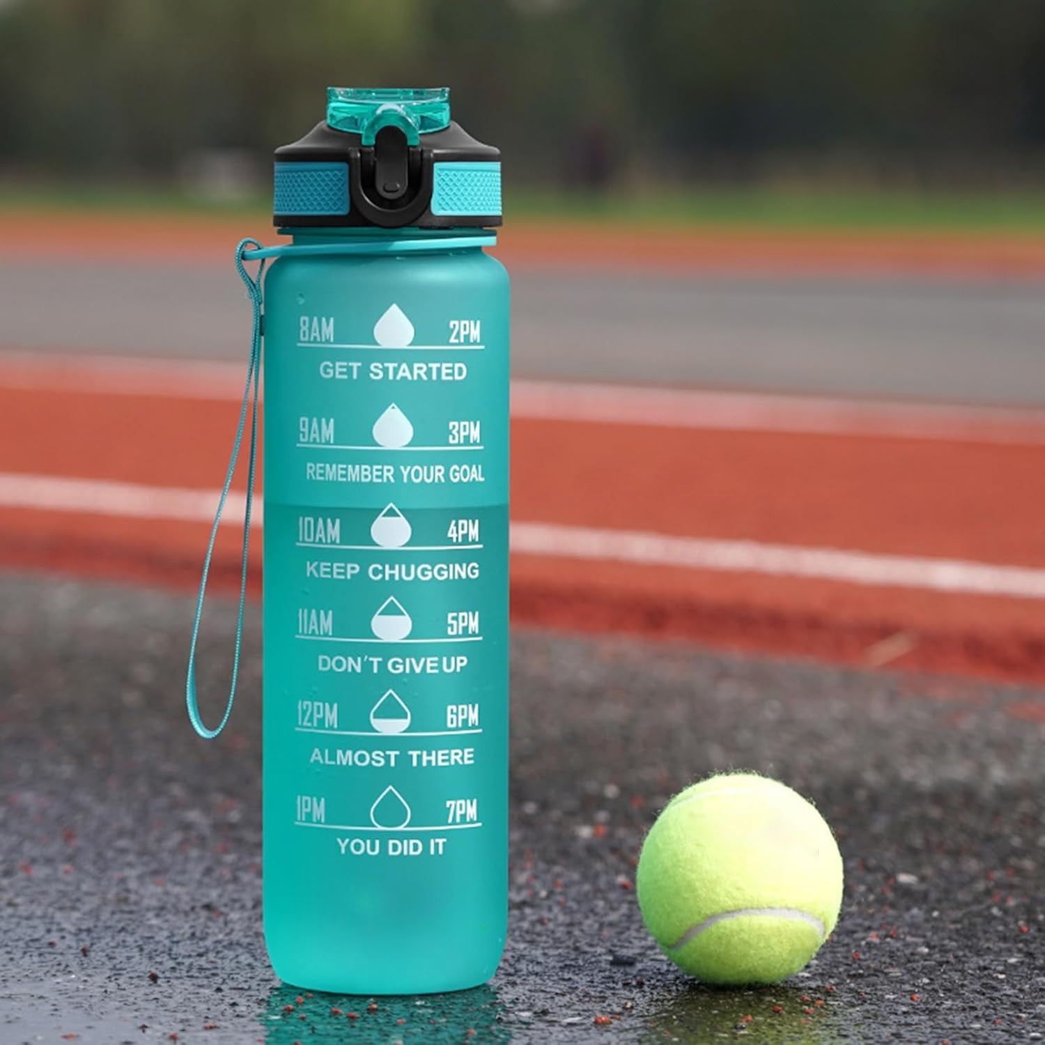 Sticla de apa cu pai, Zola, sistem de blocare capac, 1000 ml, marcator de timp cu mesaje, fara BPA, maner rezistent, 28.5x7.5cm, verde