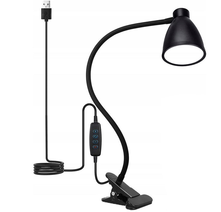 Lampa de birou cu clips, Zola®, brat flexibil, 3 culori lumina, reglare 360 grade, 10 niveluri, USB, neagra mat, 45 cm