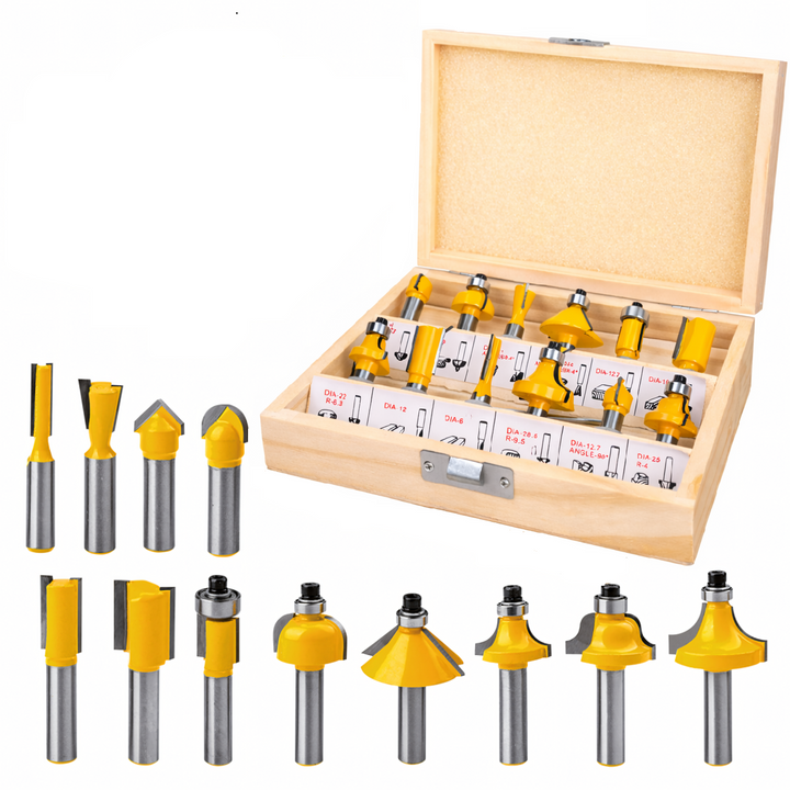 Set 12 freze lemn, Zola, 1/4", 6-32 mm, carbura + otel HSS, diferite forme, cutie lemn