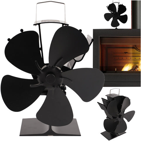 Ventilator mecanic pentru semineu, Zola, 5 pale, 0.75-1 W, porneste la 60°C , temperatura maxima de 345°C, aluminiu, otel inoxidabil, 16.3 x 9.5 x 22 cm, negru