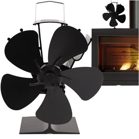 Ventilator mecanic pentru semineu, Zola, 5 pale, 0.75-1 W, porneste la 60°C , temperatura maxima de 345°C, aluminiu, otel inoxidabil, 16.3 x 9.5 x 22 cm, negru