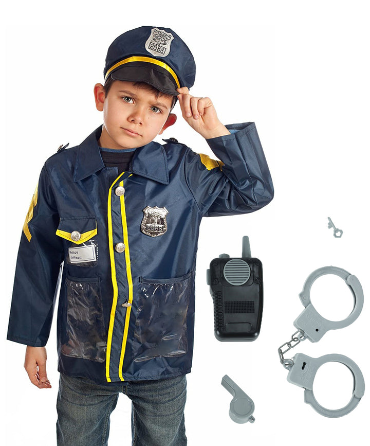 Costum de politist pentru copii, Zola®, 2 piese si accesorii catuse cu cheie, statie, insigna, fluier, varsta 3-8 ani