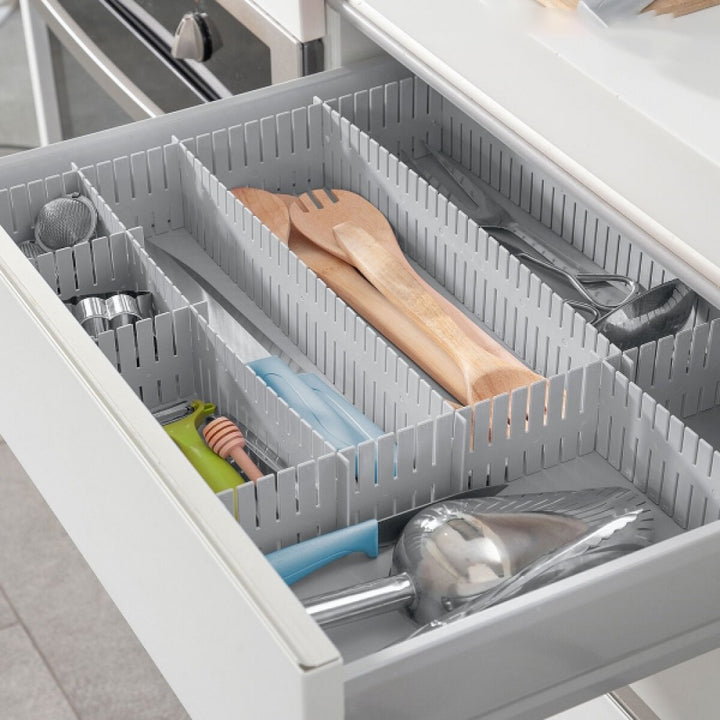 Set organizator de sertare reglabil, Zola, 4 bucati, 39 de dinti, 46.3 x 7 cm, alb