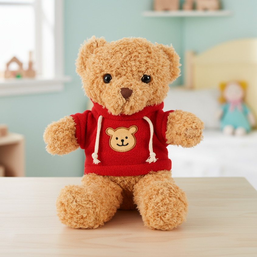 Jucarie de plus ursulet cu hanorac, Zola, umplutura hipoalergenica, material exterior moale, 30 x 23 cm, bej/rosu