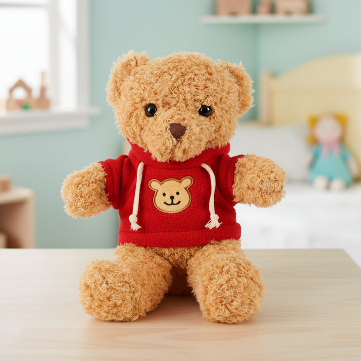 Jucarie de plus ursulet cu hanorac, Zola, umplutura hipoalergenica, material exterior moale, 30 x 23 cm, bej/rosu