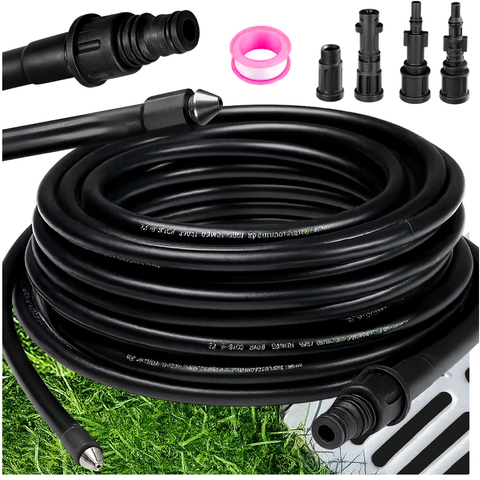 Furtun pentru desfundarea tevilor, Zola, lungime 15 m, 138 bar, compatibil cu aparat de spalat cu presiune, 4 adaptoare, flexibil, PVC, negru