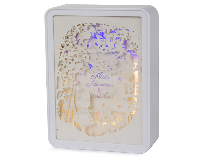 Lampa decorativa de noptiera, Zola®, cu decupaje din hartie 3D, iluminare de fundal, alimentare retea/baterii, dreptunghiulara, 15x20x5 cm, model Alice in Tara Minunilor