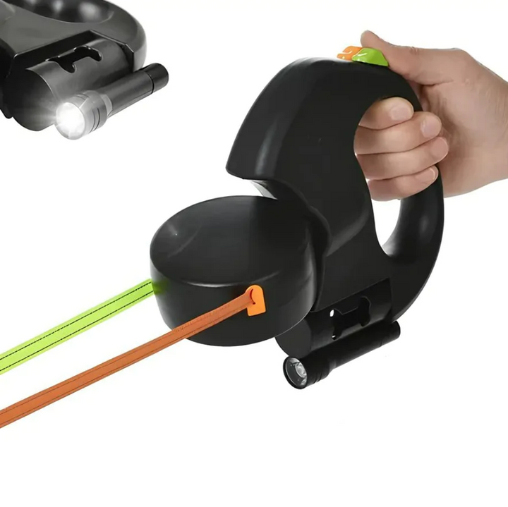Lesa dubla retractabila, Zola, rotire 360°, lungime 3 m,  suport de pungi si lanterna LED,  20 x 18 x 4 cm