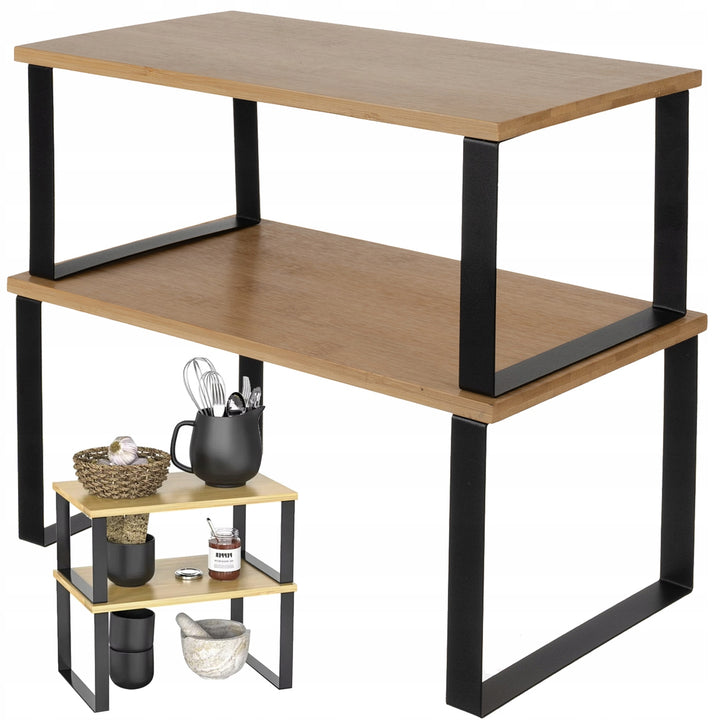 Set 2 rafturi organizatoare de bucatarie, Zola, multifunctionale, bambus, picioare fier, dimensiuni 33.5 x 19.5/18.5 x 16.5/14.5 cm