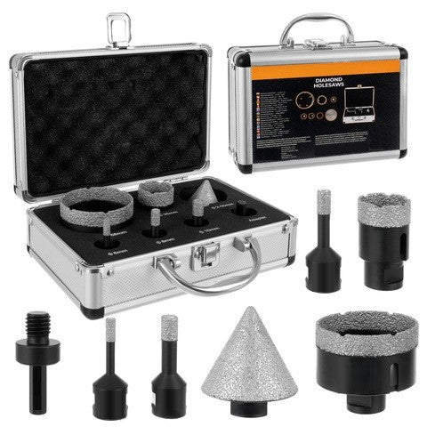 Set 6 carote diamantate si adaptor, Zola, diferite dimensiuni 6-68 mm, freza conica 2-50 mm, filet M14, pentru materiale dure, valiza depozitare, otel mangan
