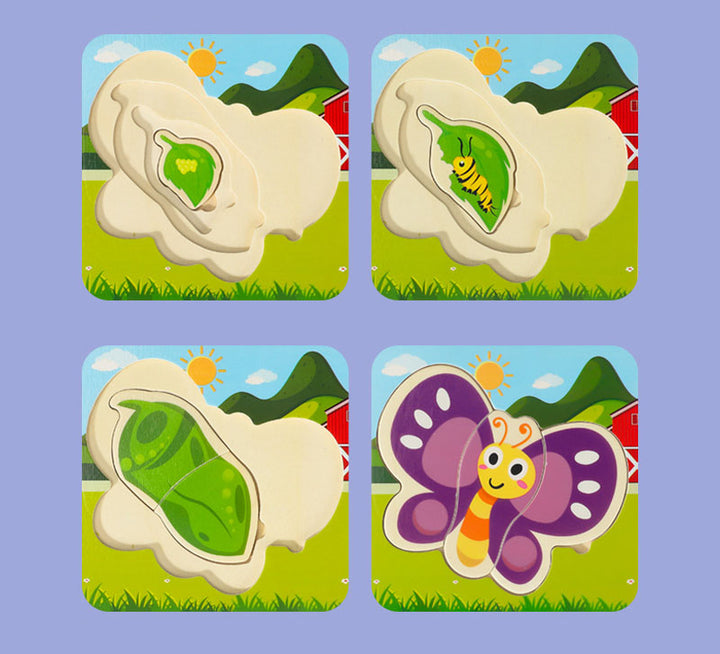 Puzzle suprapus din lemn, Zola®, 4 straturi, 7 piese, Fluture,  14.9x14.9x1.6 cm