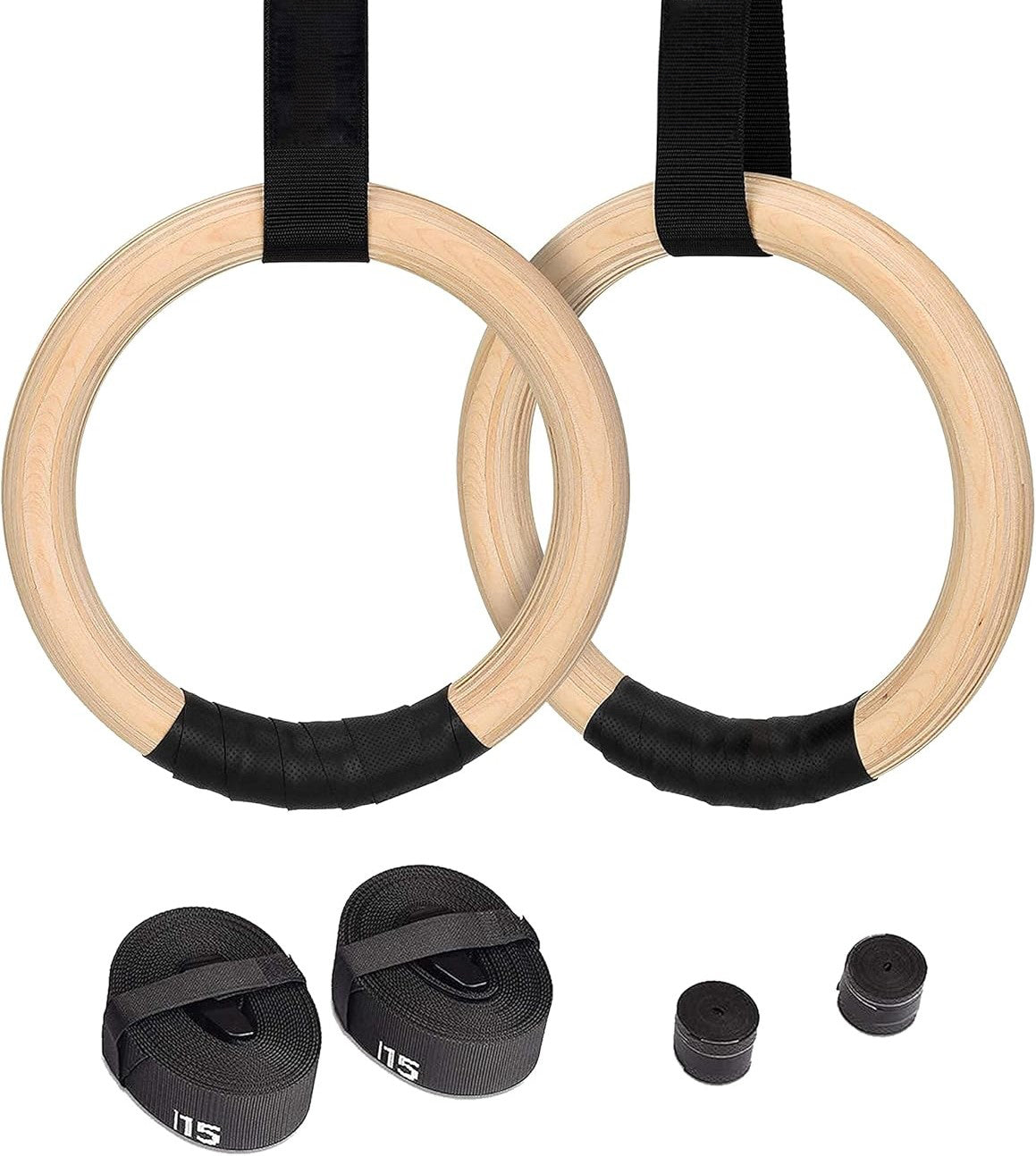 Set 2 inele de gimnastica din lemn, Zola, diametru 17 cm, 2 curele reglabile 240 cm, 2 benzi antiderapante, crem/negru
