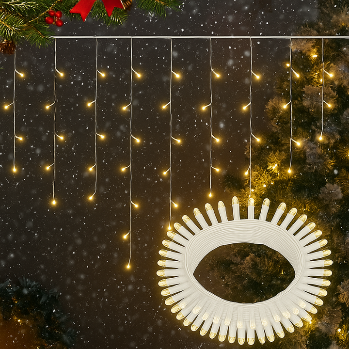 Instalatie LED de Craciun, Zola, perdea curgatoare, 100 LED-uri, 4 m, IP44, 3.6 W, alb cald, 8 moduri iluminare, pentru exterior/interior, cablu alb