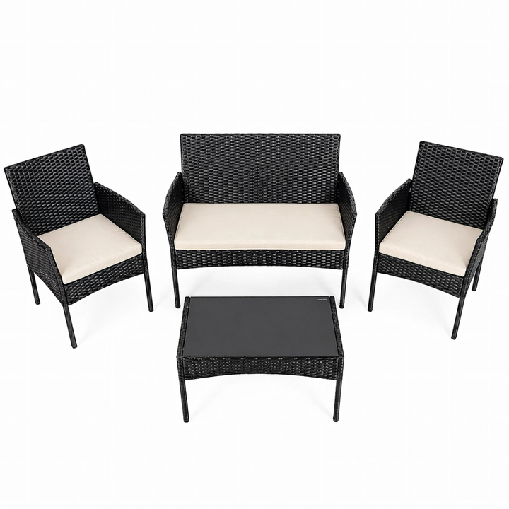 Set mobilier gradina 4 piese, Zola, canapea 2 locuri, 2 fotolii si masa, technoratan si otel, perne confortabile, blat sticla securizata, negru