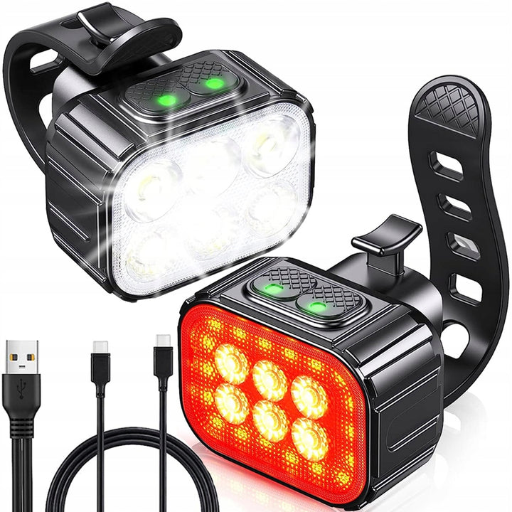 Set lumini bicicleta, Zola, fata/spate, USB, IP65, cablu USB Type-C, model patrat, 6 moduri iluminare, 5x4x3 cm, negru