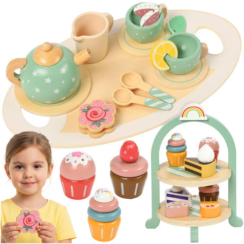 Set de ceai si suport prajituri din lemn pentru copii, Zola, Montessori, ceainic, cescute, prajituri, alte accesorii, 7 x 29 cm, verde pastel