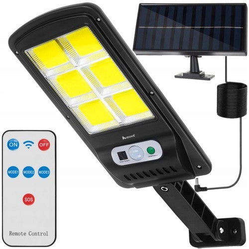 Lampa cu panou solar, Zola®, senzor de miscare si de lumina, cu suport de fixare pe perete, telecomanda inclusa, 120 Ledu-uri, 3 moduri de iluminare
