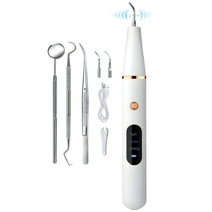 Aparat detartraj cu ultrasunete, Zola, 3 niveluri de intensitate, 2 capete interschimbabile, 3 accesorii dentare, LED, fara fir, reincarcabil, cablu USB, 19.5 x 2.5 cm, alb