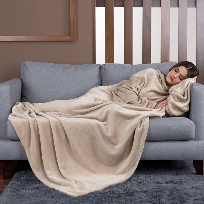 Patura cu maneci, Zola®, buzunare, unisex, moale si confortabila, 140x200, crem