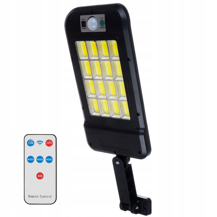 Lampa cu panou solar, UBX®, senzor de miscare si de lumina, cu suport de fixare pe perete, telecomanda inclusa, 16 segmente a cate 15 LED-uri fiecare, 4 moduri de iluminare,  IP6 7