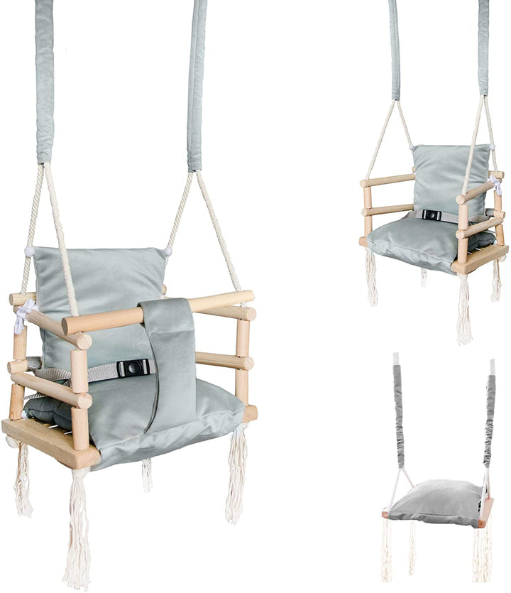 Leagan pentru copii 3 in 1, Zola®, pentru gradina sau casa ta, material Cleanaboo, centura de siguranta, lemn, gri