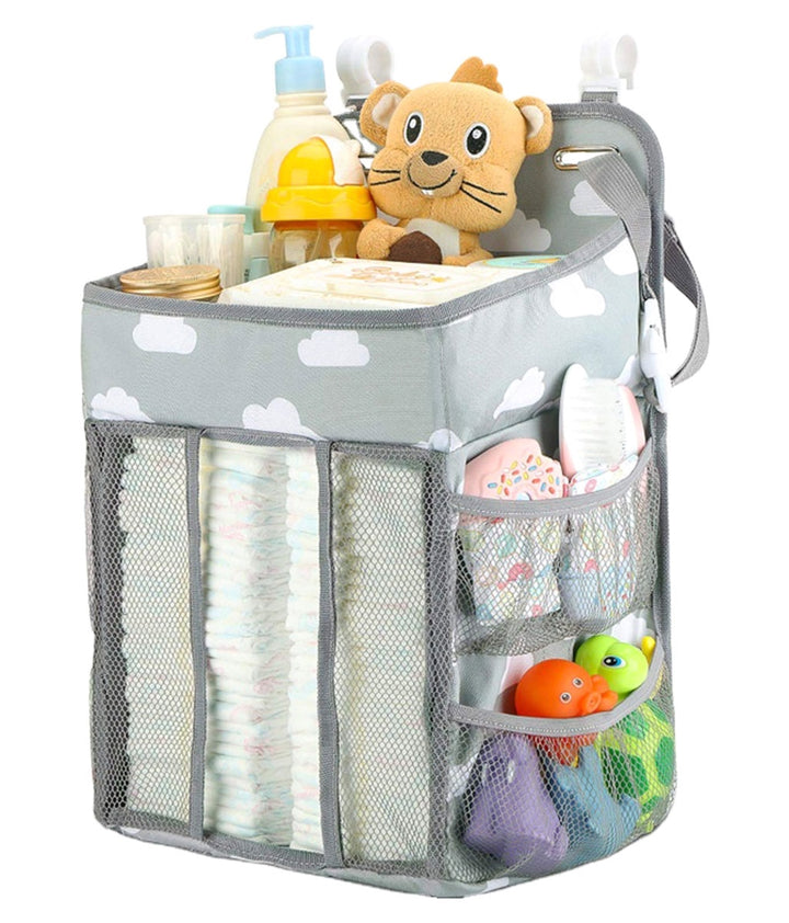 Organizator multifunctional pentru patutul  bebelusului, Zola®,  posibilitate de agatare, include carlige, pliabil, gri, model cu norIsori,  43x28x20 cm