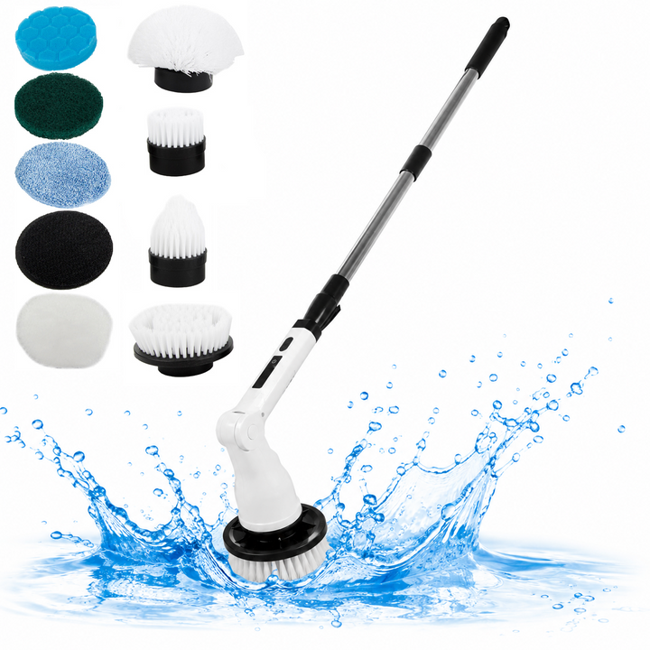 Perie electrica rotativa pentru curatare, Zola, 25W, 4 perii, 4 discuri burete, maner telescopic 110-136 cm, reincarcabila, alba