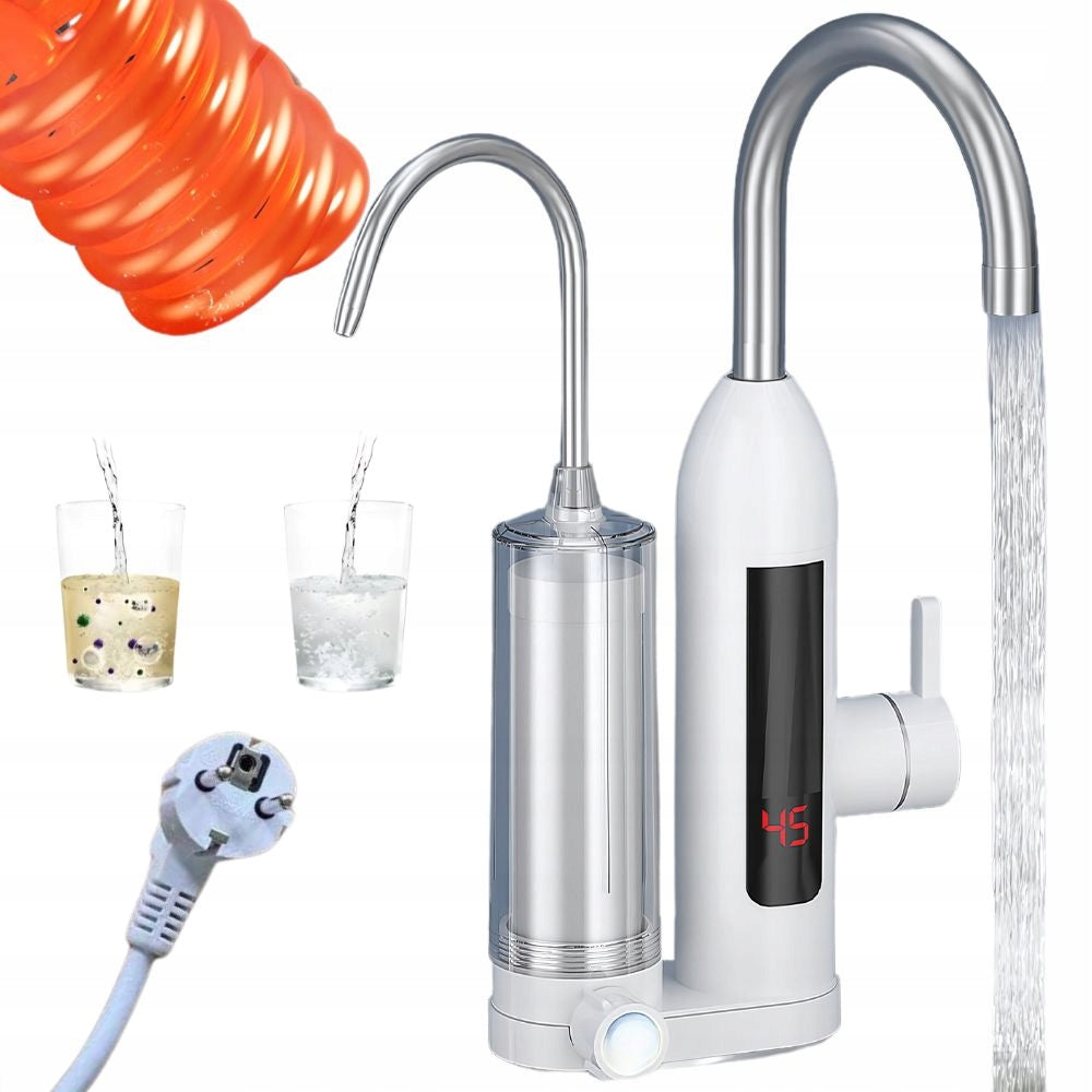 Robinet electric si filtru instant pentru incalzire apa, Zola, din inox, display LCD, rotire 360 grade, interval temperatura 30-60 grade cu afisaj,  putere 3 kW, 220V, argintiu