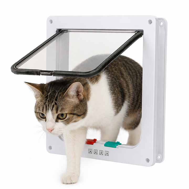 Usa cu clapa pentru pisici si caini, Zola, 4 moduri functionare, batanta , accesorii montare incluse, 25 x 28 cm, alb/transparent