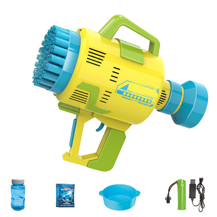 Pistol baloane de sapun,  Zola®,  48 de orificii, incarcare  USB, lumina LED, galben cu albastru, 24x22x10 cm