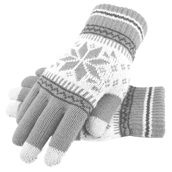 Manusi calduroase de iarna, Zola®, din tricot, unisex, gri/alb,  model cu fulg, 3 degete pentru utilizarea telefonului, marime universala
