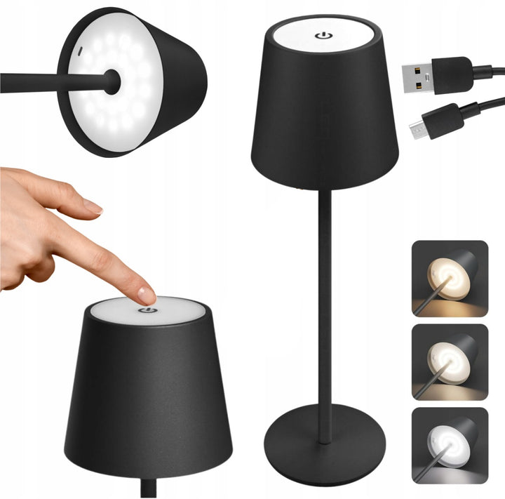 Lampa de noptiera, Zola, LED, 3W, 270 lm, comutator tactil, baza rotunda, cablu USB, 38x11 cm, neagra
